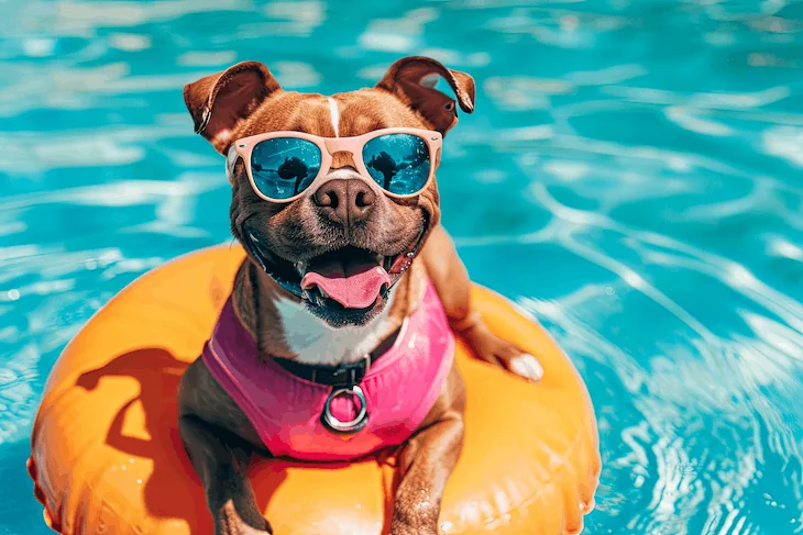 perro con gafas en la piscina sobre un flotador de agua